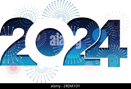 The Year 2024 New Year Greeting Symbol Logo Decorated With Celebratory Fireworks. Vector Illustration Isolated On A White Background. Stock Vector