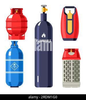 Gas and fuel in cylinders and containers, isolated balloons and tanks for filling station. Butane and propane, charging with flammable compressed liqu Stock Vector