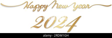 The Year 2024 Happy New Year Vector 3-D Hand-Written Gold Script With Text Space Isolated On A White Background. Stock Vector