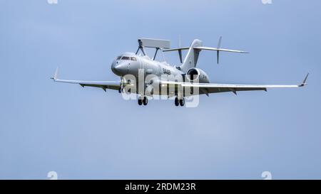 Bombardier Global Express - Saab GlobalEye, arriving at RAF Fairford Royal International Air Tattoo 2023. Stock Photo