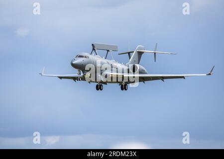 Bombardier Global Express - Saab GlobalEye, arriving at RAF Fairford Royal International Air Tattoo 2023. Stock Photo