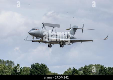 Bombardier Global Express - Saab GlobalEye, arriving at RAF Fairford Royal International Air Tattoo 2023. Stock Photo