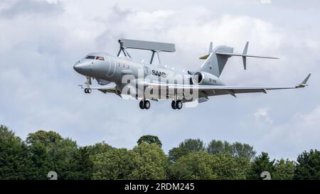 Bombardier Global Express - Saab GlobalEye, arriving at RAF Fairford Royal International Air Tattoo 2023. Stock Photo