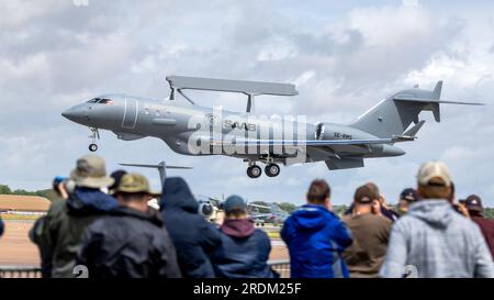 Bombardier Global Express - Saab GlobalEye, arriving at RAF Fairford Royal International Air Tattoo 2023. Stock Photo