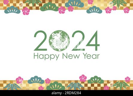 The Year 2024, The Year Of The Dragon, Greeting Card Template Decorated With Japanese Vintage Patterns. Stock Vector