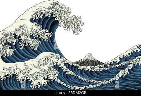 Japanese Great Wave Sea Japan Engraved Art Design Stock Vector