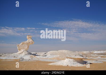 A calcified limestone formation resembles a rabbit in the White Desert, Egypt. From erosion of volcanos and a quartz mountain, to weathering rocks and white chalk rock formations, Black and White Desert is part of the Frarafra depression in the Sahara Desert and locates at the Western part of Egypt. The vast desert links to main roads that are close to the Libyan-Egyptian border where it is now heavily armed with military presence. The bizarre natural landscape rising from an ocean floor million years ago is now left with karst limestone formations that resembles to the surface of other planet Stock Photo