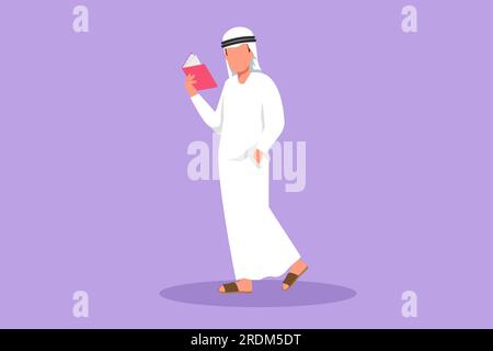 Cartoon flat style drawing smart guy standing and reading book. Young Arab man love to read. Male students with open books in hands. Education and kno Stock Photo