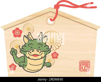 Vector Japanese Votive Picture Tablet With The Year Of The Dragon Symbol For New Year’s Visit To Shrines Isolated On A White Background. Kanji Transla Stock Vector