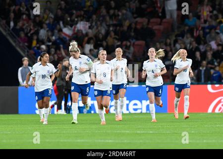 22nd July 2023;  Brisbane Stadium, Brisbane, Queensland, Australia: FIFA Womens World Cup Group D Football, England versus Haiti; Georgia Stanway of England runs back to the centre circle after scoring from the penalty spot to make it 1-0 in the 29th minute Stock Photo