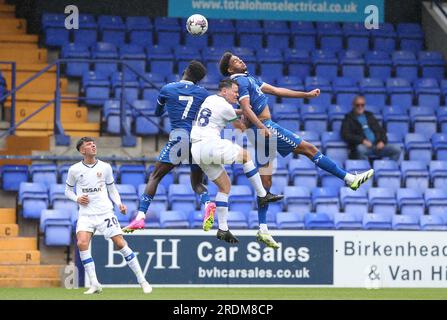 Everton’s Katia Kouyate (left) and Tyler Onyango (right) challenge Tranmere Rovers’ Connor Jennings (centre) for the ball during the pre-season friendly match at Prenton Park, Birkenhead. Picture date: Saturday July 22, 2023. Stock Photo