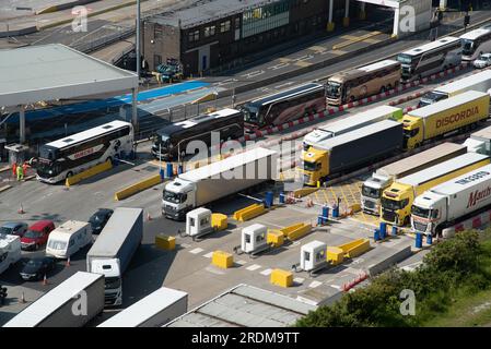 Dover, United Kingdom, June 09 2023 : Trucks on port of Dover docks station. Dover harbour connects Europe with United Kingdom and handles passengers, Stock Photo