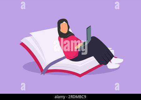 Cartoon flat style drawing young Arabian female with laptop sitting on open big book. Freelance, distance learning, online courses, education, knowled Stock Photo