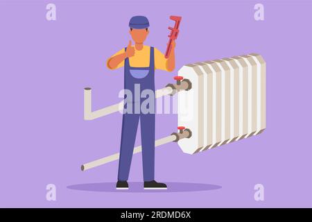Cartoon flat style drawing plumber standing holding wrench with thumbs up gesture was ready to work on repairing the leaking drain in the sink and the Stock Photo