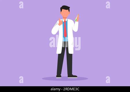 Character flat drawing male scientist standing with thumbs up gesture and holding measuring tube filled with chemical liquid. Researching about vaccin Stock Photo