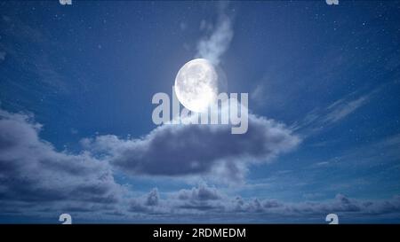 Full moon night and starry blue sky with moving clouds. The moon on cloudy sky. Christmas night background. Beautiful cloudscape Stock Photo