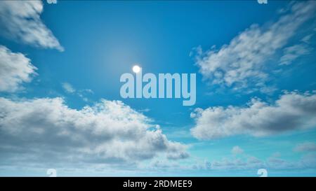 Sun on the blue sky with moving clouds. Day with cloudy sky. Beautiful cloudscape Stock Photo