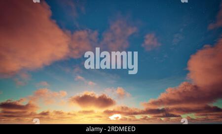 Golden clouds on the blue starry sky and sun in the morning. Cloudy sky. Beautiful cloudscape Stock Photo