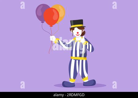 Cartoon flat style drawing female clown standing holding balloons with thumbs up gesture wearing hat and clown costume ready to entertain audience in Stock Photo