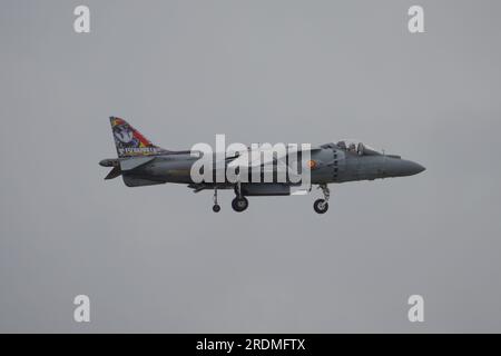 McDonnell Douglas EAV-8B Harrier II of the Spanish Navy performs at the Royal International Air Tattoo Fairford 2023 Stock Photo