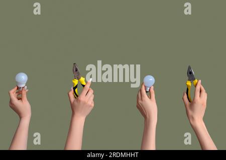 Electrician hands with light bulbs and tools on green background Stock Photo