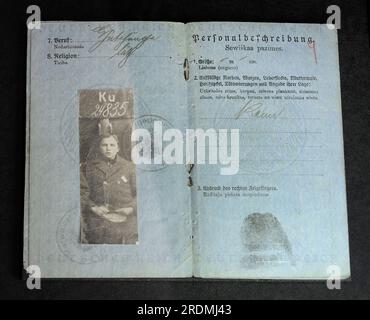 First World War (1914-1918). Latvia. Passport issued by the Ober Ost (1914-1919) to Kurzeme residents. All citizens of Kurzeme and Zemgale who had reached the age of 10 during the German occupation were issued an Ober Ost passport. The document included a photo, a unique identification number, fingerprints, and the code of the Ober Ost administrative region (Kurzeme: Ku). Each district created a file of all citizens with their respective passport numbers. Latvian War Museum. Riga. Stock Photo
