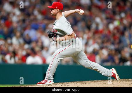 CLEVELAND, OH - JULY 21: Philadelphia Phillies first baseman Bryce Harper  (3) flips to Philadelphia Phillies starting pitcher Ranger Suarez (55)  covering first base to retire Cleveland Guardians left fielder Steven Kwan (