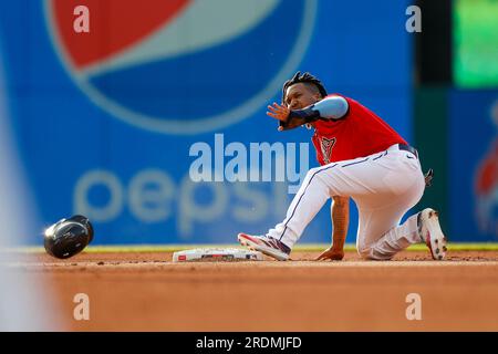 Cleveland Guardians third baseman Jose Ramirez (11) steals second base in the first inning during a MLB regular season game between the Philadelphia P Stock Photo