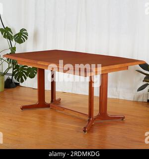 Beautiful late-century extended teak dining table. Vintage wooden furniture. Interior scene with luxurious white curtains and houseplants. Stock Photo