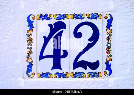 Number 42, forty-two, decorative tiles on white background. Stock Photo