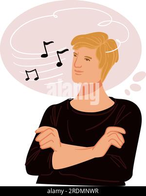 Male character thinking about music notes, composing song in head. Pensive man brainstorming or having ideas for performance. Professional musician, h Stock Vector
