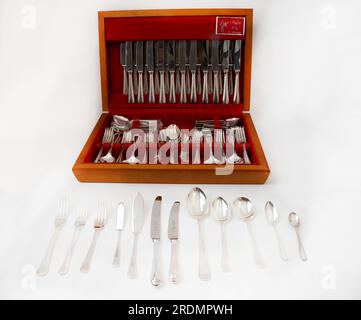 Regalia Large canteen Service Silver Cutlery Set Traditional Bead Style Wooden Box Stock Photo