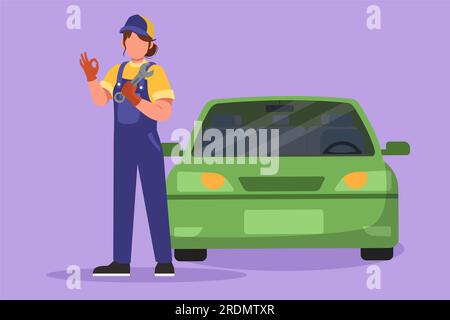 Graphic flat design drawing female mechanic standing in front of car with okay gesture and holding wrench to perform maintenance on vehicle engine or Stock Photo