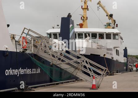 Kirkwall, Orkneys, Scotland, UK. 4 June 2023.  Ships metal gangway in place on an inter island ferry berthed in Kirkwall, Scotland UK. Stock Photo