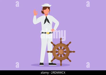 Character flat drawing beauty sailor woman standing with okay gesture to be part of cruise ship, carrying passengers traveling across ocean. Female sa Stock Photo