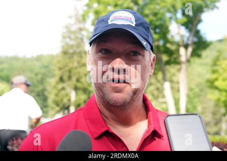 Cooperstown, United States. 22nd July, 2023. National Baseball Hall of Fame inductee Scott Rolen talks to reporters at the Leatherstocking Golf Club in Cooperstown, NY on Saturday, July 22, 2023. Rolen along with Fred McGriff, will be inducted into the National Baseball Hall of Fame on Sunday, July 23, 2023. Photo by Bill Greenblatt/UPI Credit: UPI/Alamy Live News Stock Photo