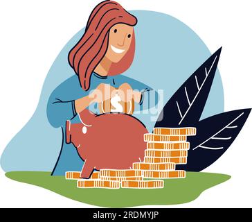 Female character thinking for future and saving money putting in piggy bank. Investment or family budget planning, financial assets and wealth. Accoun Stock Vector