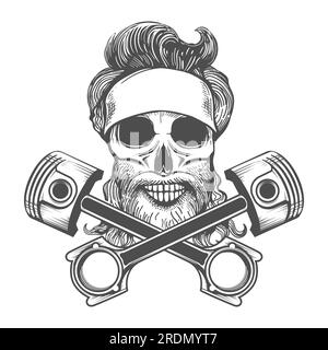 Tattoo of Biker Skull in Bandana and Motorcycle Pistons isolated on white. Vector illustration Stock Vector