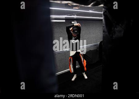 Toronto, ON, Canada. 15th July, 2023. Jul 15, 2023-Toronto, ON: BENJAMIN PEDERSEN (R) (55) of Copenhagen, Denmark stretches in the hauler prior to practice for the Honda Indy Toronto at Exhibtion Place in Toronto ON. (Credit Image: © Walter G. Arce Sr./ZUMA Press Wire) EDITORIAL USAGE ONLY! Not for Commercial USAGE! Stock Photo
