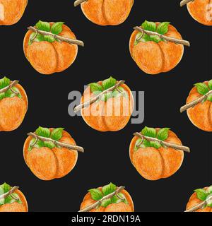 Persimmon pattern hand drawn watercolor on dark background. Vector illustration Stock Vector