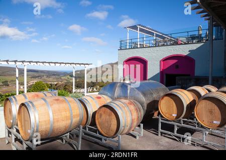 Oak wine barrels at the cellar and wine tasting venue on La Vierge Wine Farm, Hemel-en-Aarde, Hermanus, Overberg, Western Cape Winelands, South Africa Stock Photo