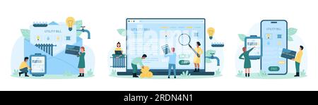 Utility bills payment set vector illustration. Cartoon tiny people pay money for consumption of electricity, gas and water supply, heating using mobile apps in phone and laptop, paper receipt Stock Vector