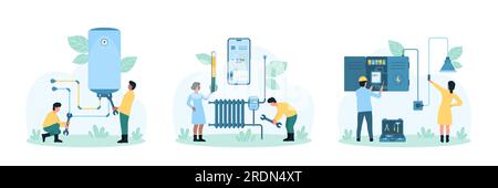 Inspection and maintenance repair service vector illustration. Cartoon tiny engineers check plumbing and heating home system, control temperature with thermometer and mobile app, fixing switchboard Stock Vector
