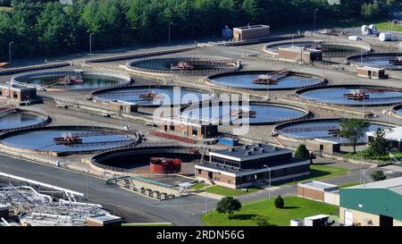 Aerial view of sewage treatment plant Stock Photo