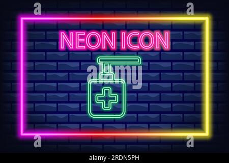 Glowing neon Hand sanitizer bottle icon isolated on brick wall background. Disinfection concept. Washing gel. Alcohol bottle for hygiene. Vector line Stock Vector