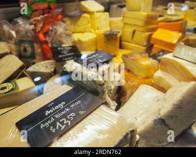 Artisanal cheeses for sale at the Central Market in Lancaster, Pennsylvania, June 5, 2023, © Katharine Andriotis Stock Photo