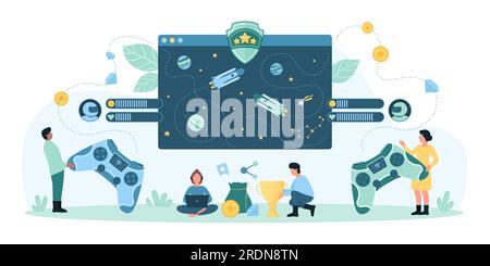 Live competition in space video game challenge between gamers vector illustration. Cartoon tiny people play on online platform, players characters control rockets on digital screen with gamepads Stock Vector