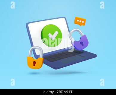 3d laptop with green check mark, orange and purple security lock, chat or thinking bulle, isolated on background. Concept for safe data, internet, network, connection, social media. 3d vector illustra. Vector illustration Stock Vector