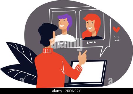 Male character having video conference with colleagues from work or family members. Man talking to women, choosing virtual relationship and date via i Stock Vector