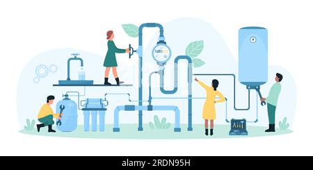 Installation of home water supply system vector illustration. Cartoon tiny people install treatment filter and boiler, plumbing, valves and water meter inspection by workers of maintenance service Stock Vector